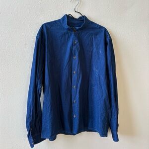 Collarless Denim Button-Up Shirt